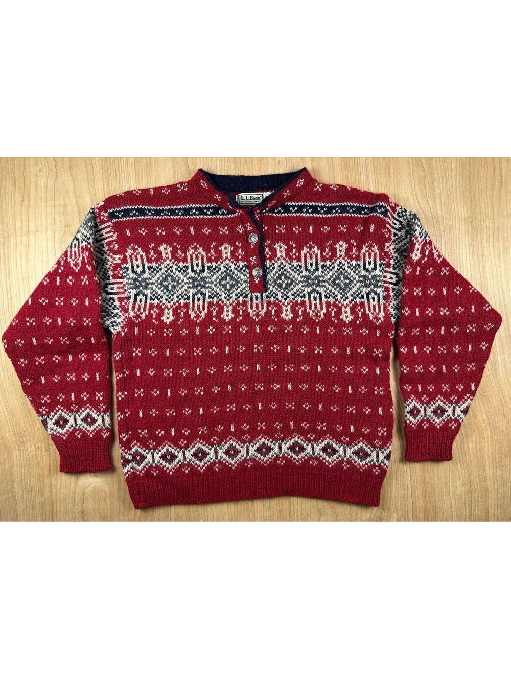 Vintage 80s LL Bean Nordic Knit Sweater medium fair isle henley wool apres ski